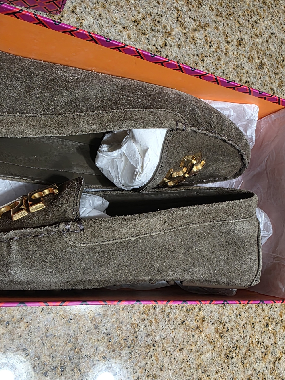 Tory Burch Taupe/Olive Suede Logo Moccasin Loafers - Picture 4 of 11